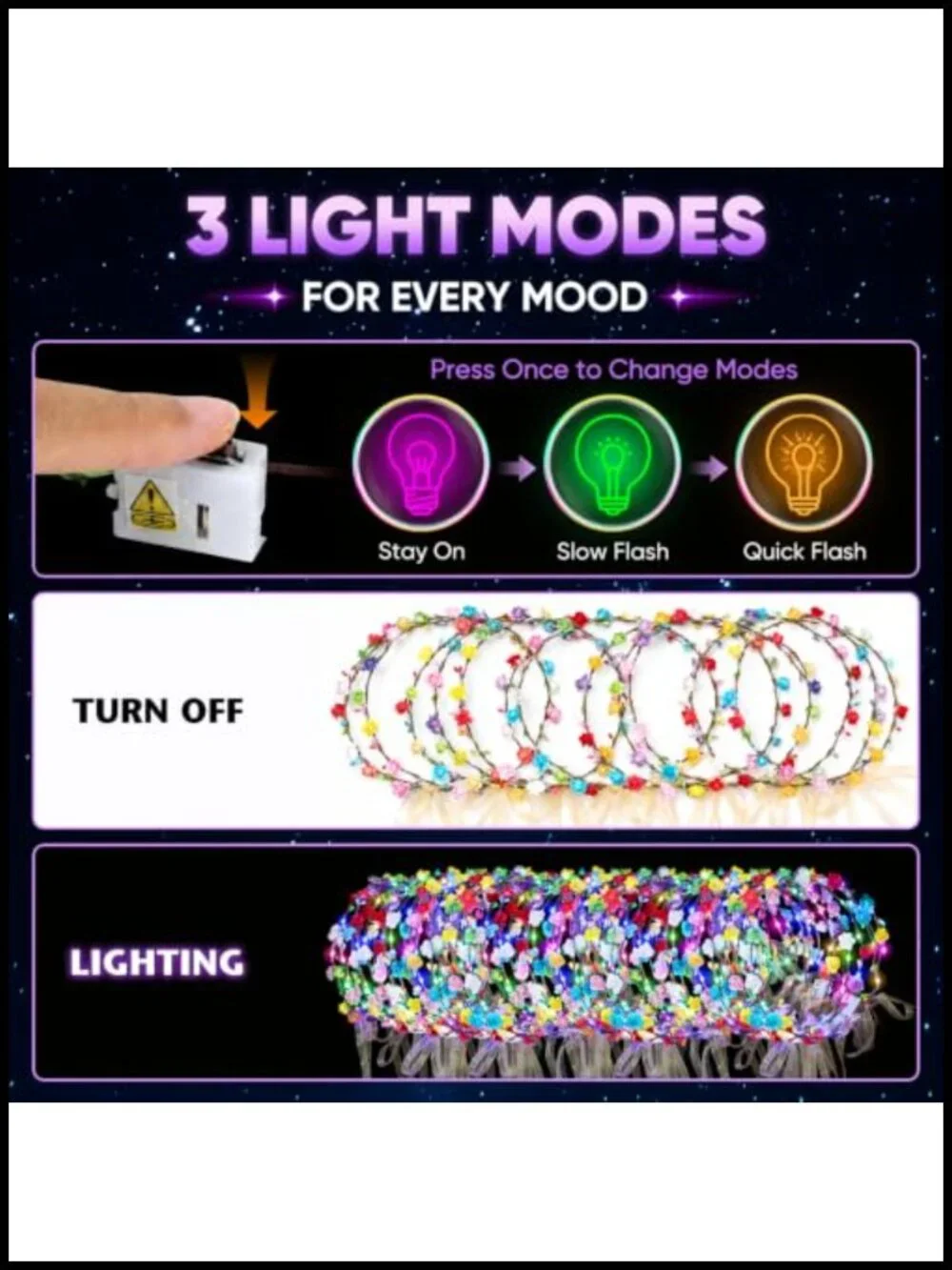 50 LED Flower Crowns Headbands Glow in Dark Party Favors Ribbons Floral
